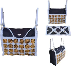 Majestic Ally Animal Health Hay Bag for Horses, 2.5" Holes, Top Load, Travel Feeder, Reduces Waste, 1 Year Warranty, Multiple Colors (Gray-Black)