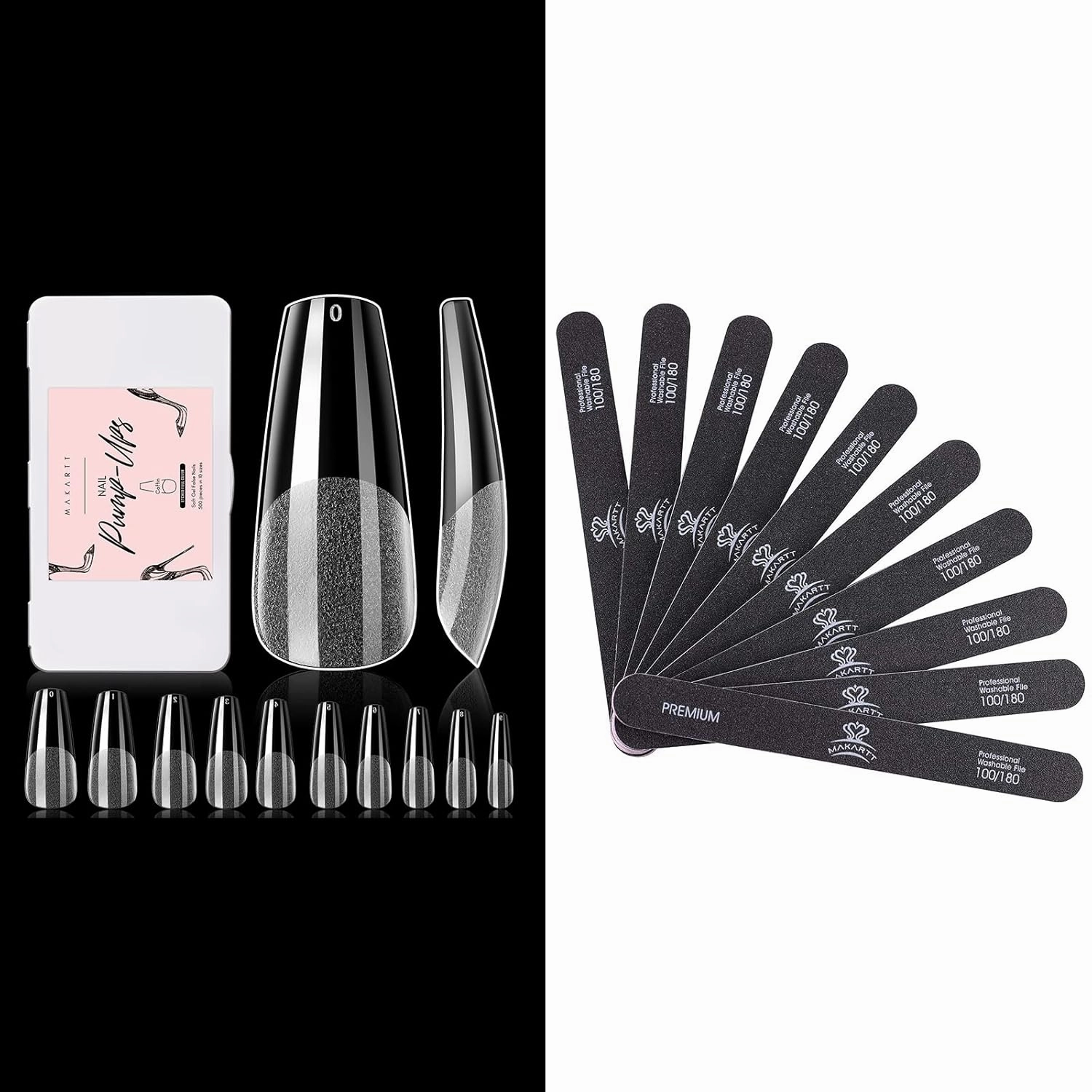 Makartt Nail File 100 180 Grit Emery Boards for Nails 10pcs Nail Files Bundle with Makartt 500Pcs Soft Gel Full Cover Nail Tips, Medium Coffin Clear Fake Nail Tips