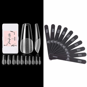 Makartt Nail File 100 180 Grit Emery Boards for Nails 10pcs Nail Files Bundle with Makartt 500Pcs Soft Gel Full Cover Nail Tips, Medium Coffin Clear Fake Nail Tips