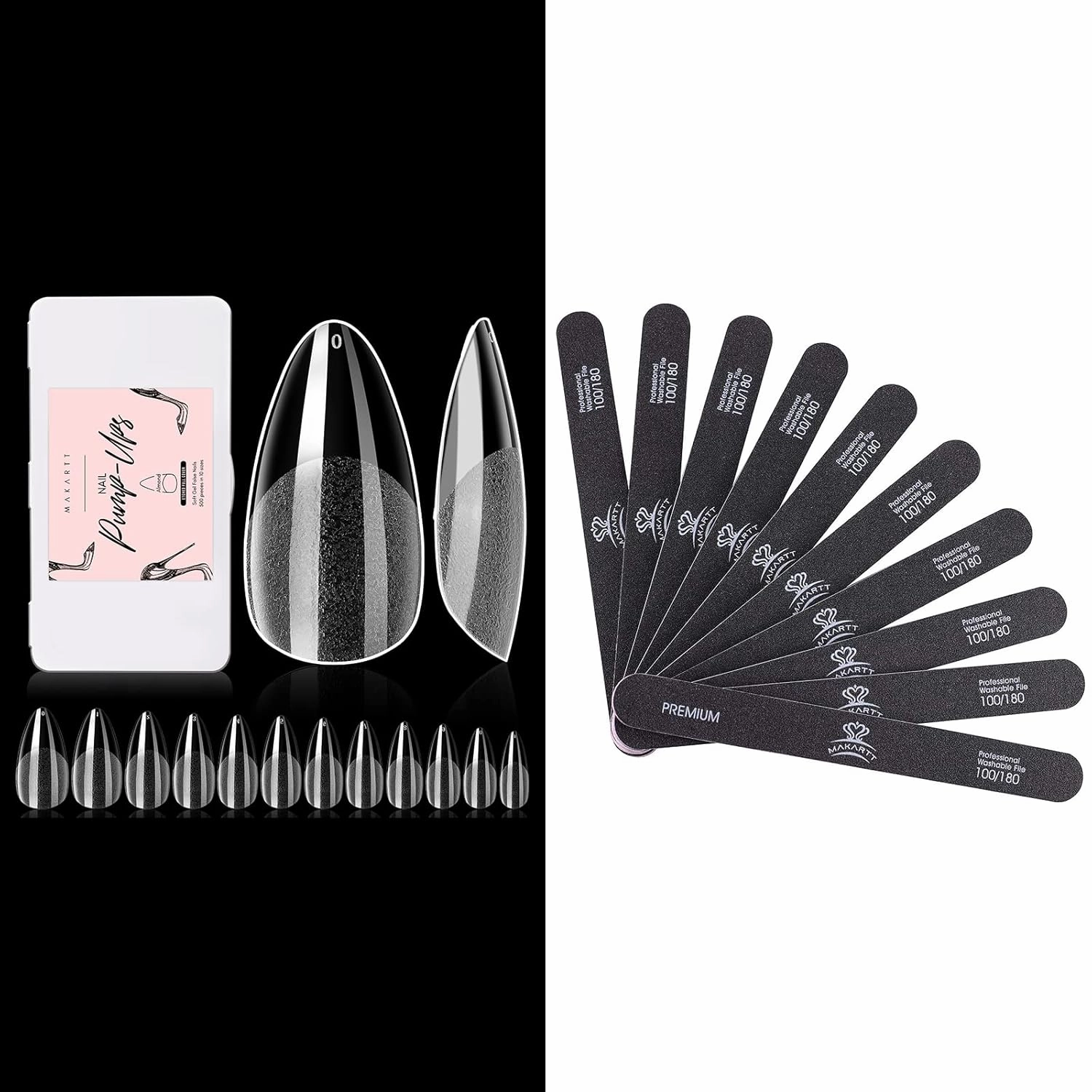 Makartt Nail File 100 180 Grit Emery Boards for Nails 10pcs Nail Files Bundle with Makartt 504Pcs Soft Gel Full Cover Tips, Almond Stiletto False Nail Tips Press on Nails