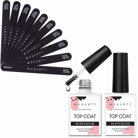 Makartt Nail File 100 180 Grit Emery Boards for Nails Bundle with Gel Top Coat, No Wipe Top Coat Glossy Shine Finish Long Lasting 10ML