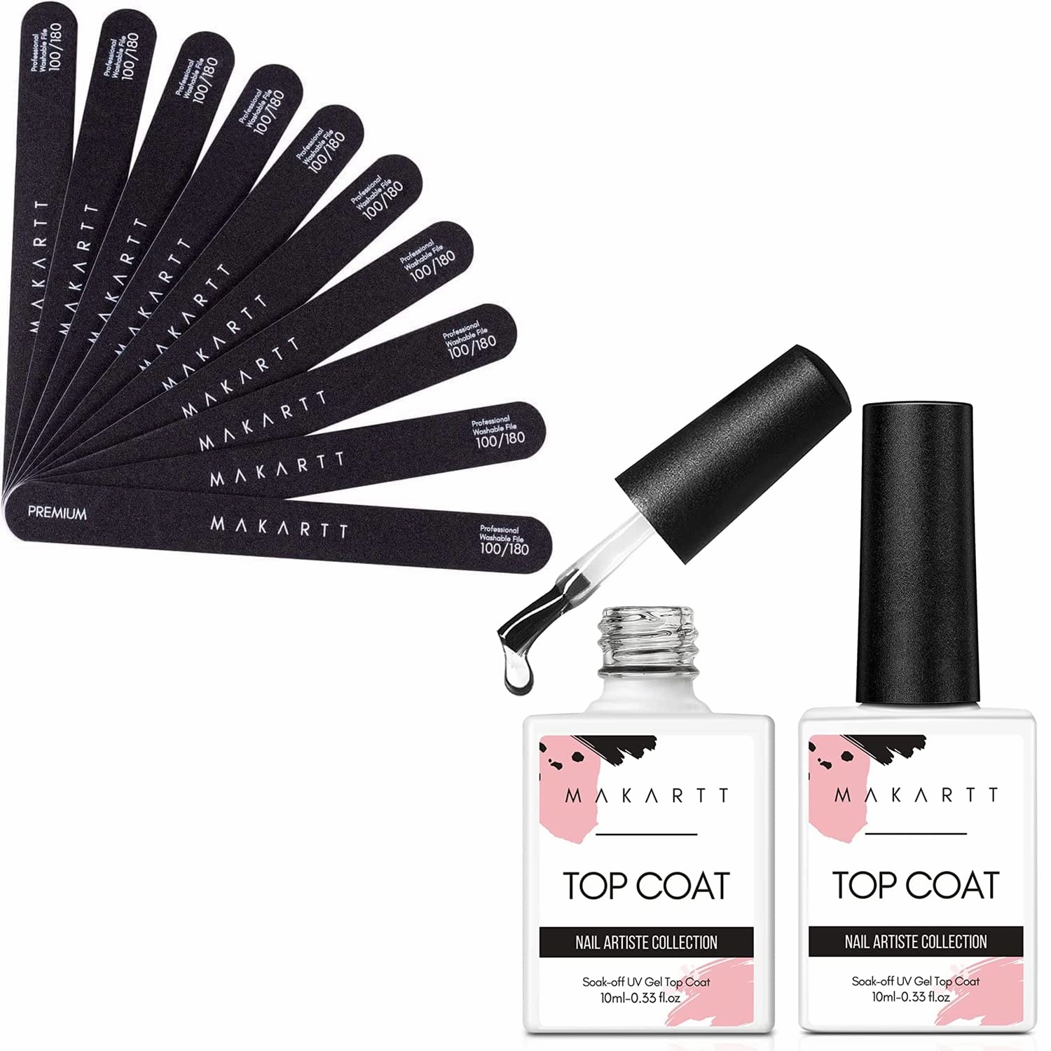 Makartt Nail File 100 180 Grit Emery Boards for Nails Bundle with Gel Top Coat, No Wipe Top Coat Glossy Shine Finish Long Lasting 10ML