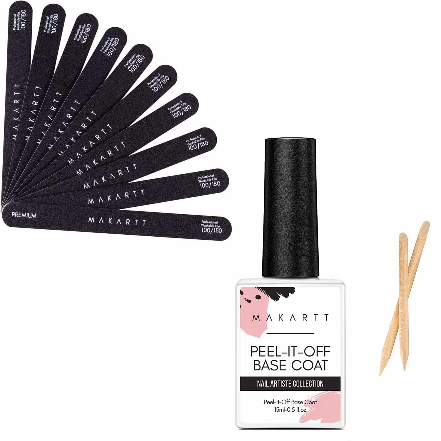 Makartt Nail File 100 180 Grit Emery Boards for Nails Bundle with Peel Off Base Coat, 15ml UV Gel Base Coat Nail Polish Peelable Base Gel for Takeoff Peelable Removal Peely Base