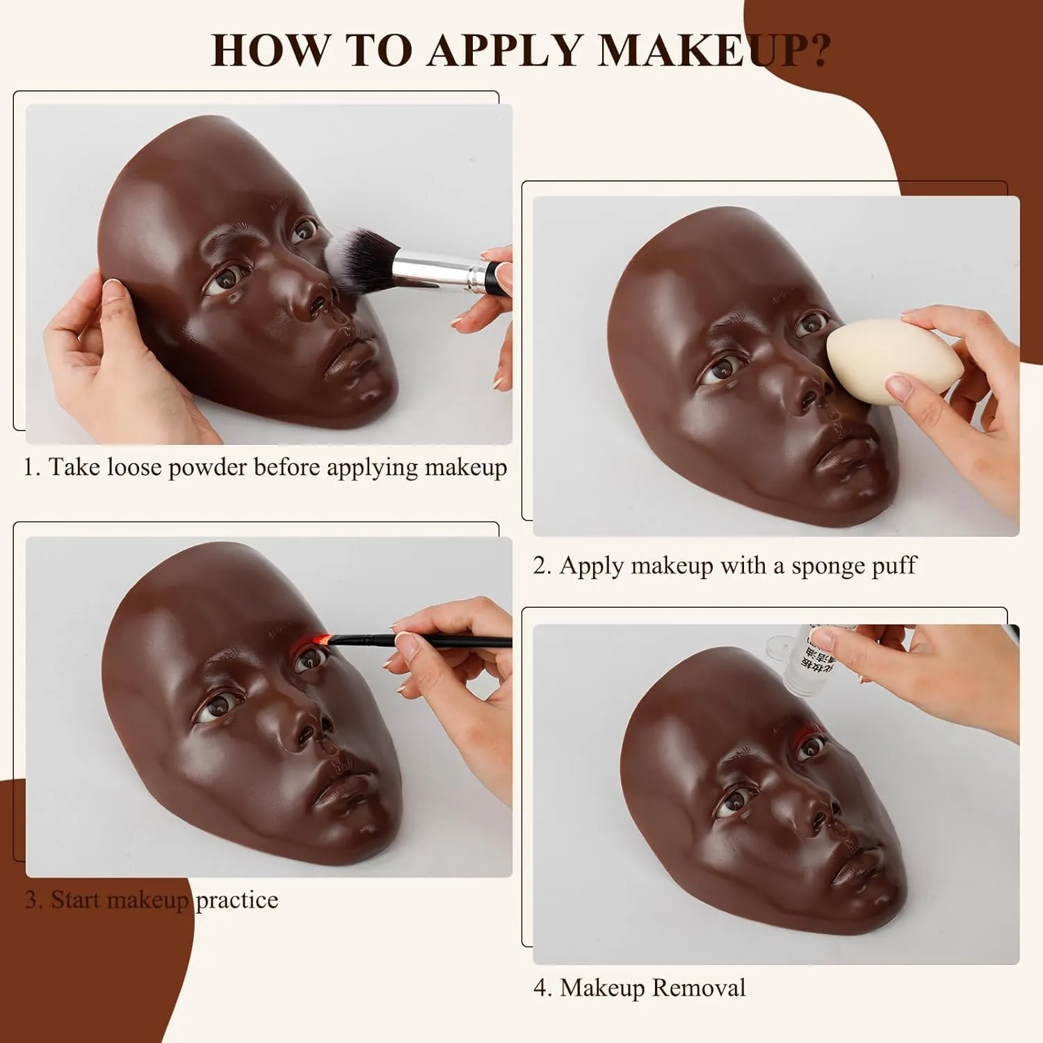 Makeup Practice Face Board Set, 5D Silicone Full Face Painting Mannequin Head with Brushes, Eyebrow Pen, Ideal for Beginners & Enthusiasts to Improve Makeup Skills, Dark Brown