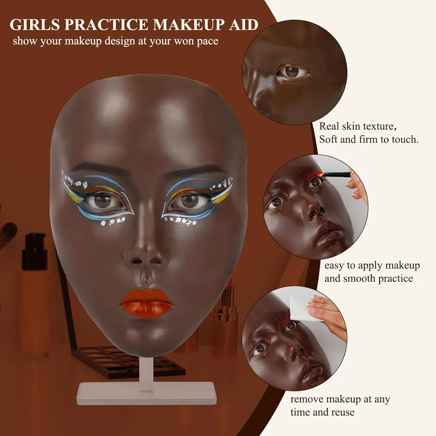 Makeup Practice Face Board Set, 5D Silicone Full Face Painting Mannequin Head with Brushes, Eyebrow Pen, Ideal for Beginners & Enthusiasts to Improve Makeup Skills, Dark Brown