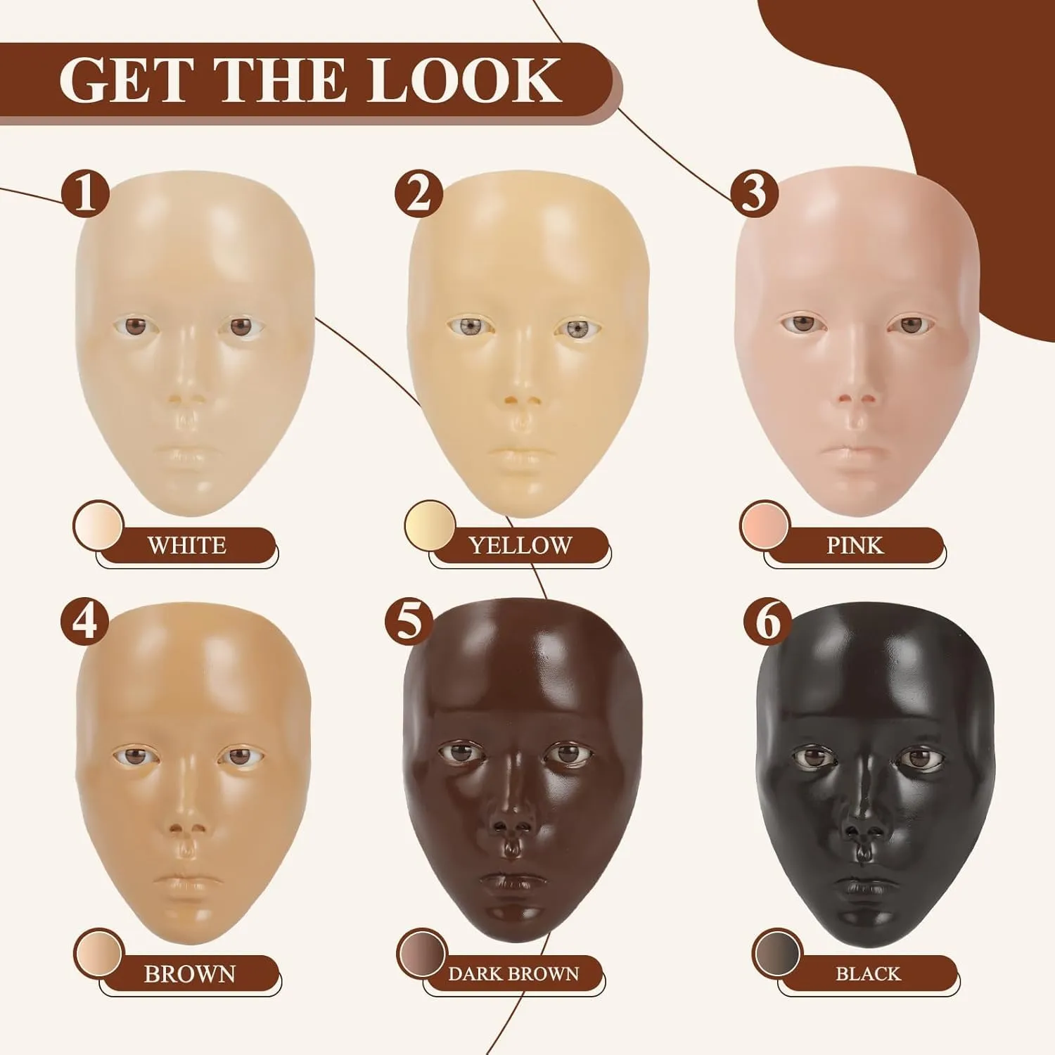 Makeup Practice Face Board Set, 5D Silicone Full Face Painting Mannequin Head with Brushes, Eyebrow Pen, Ideal for Beginners & Enthusiasts to Improve Makeup Skills, Dark Brown