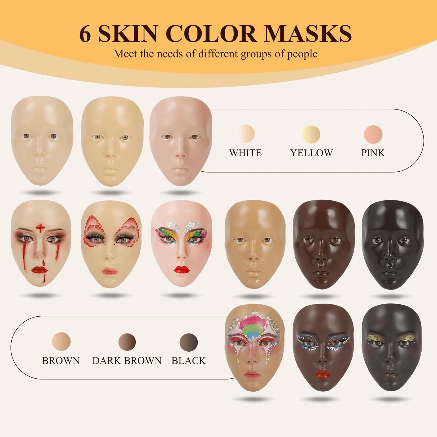 Makeup Practice Face Board, Silicone Mannequin Face for Practice & Face Painting, Make Up Practice Face with Brushes & Eye Shadow, Gift for Girls & Makeup Artists, Yellow