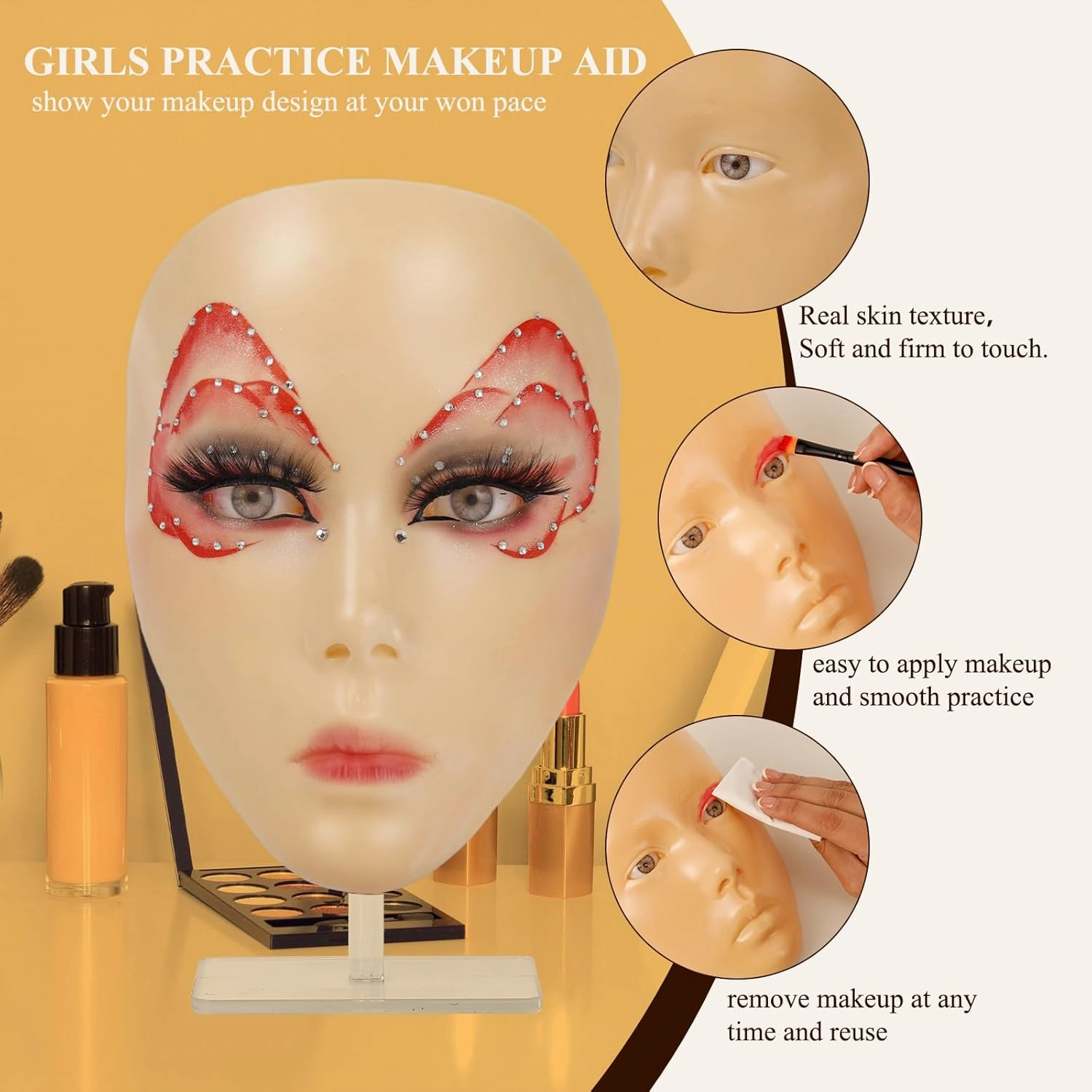 Makeup Practice Face Board, Silicone Mannequin Face for Practice & Face Painting, Make Up Practice Face with Brushes & Eye Shadow, Gift for Girls & Makeup Artists, Yellow