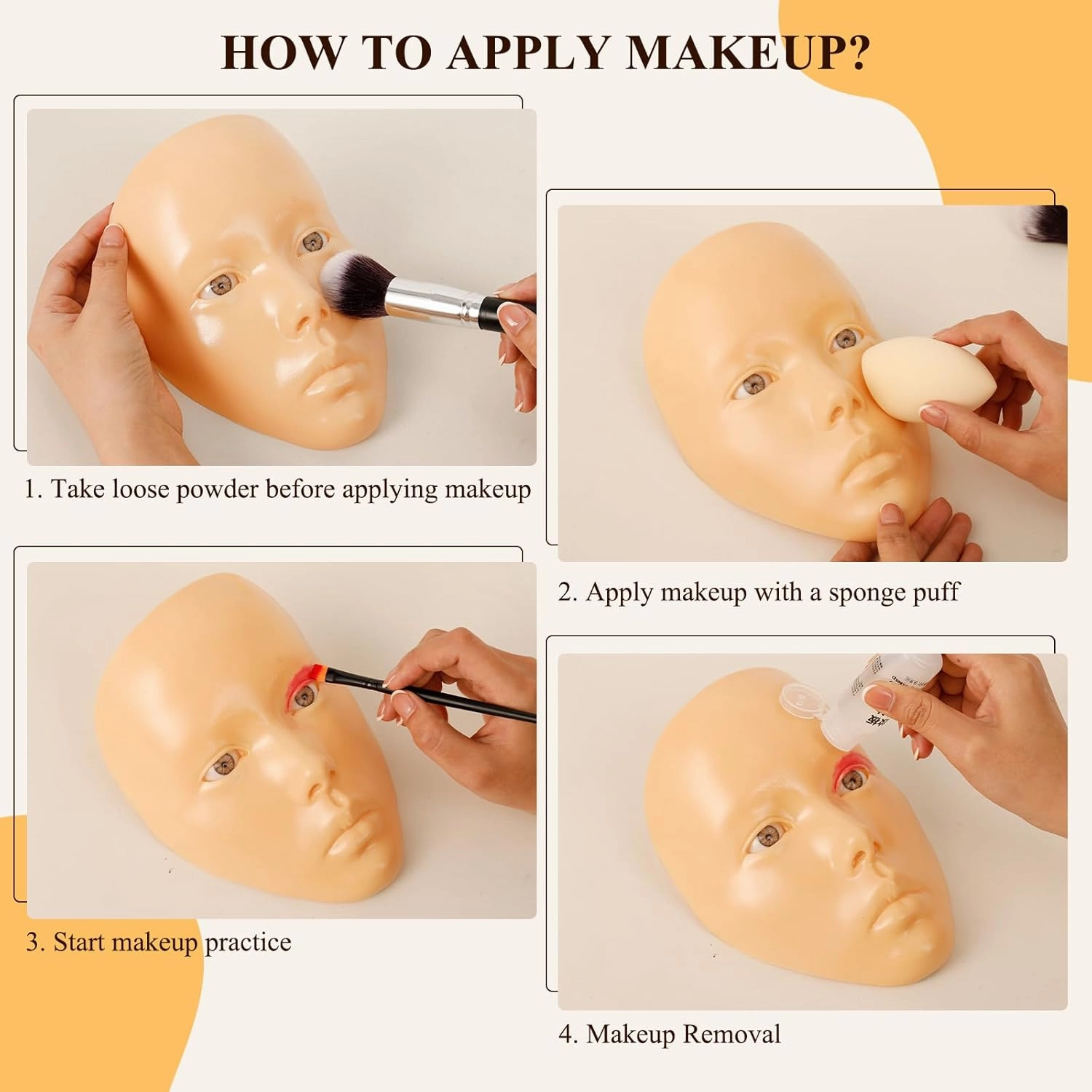 Makeup Practice Face Board, Silicone Mannequin Face for Practice & Face Painting, Make Up Practice Face with Brushes & Eye Shadow, Gift for Girls & Makeup Artists, Yellow