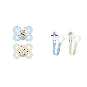 MAM Night Pacifiers 0-6 Months, Best for Breastfed Babies, Glow in The Dark, Baby Boy, 2 Count & 2 Clips for Pacifiers with Fasteners and Flexible Rings for Boys, Designs May Vary