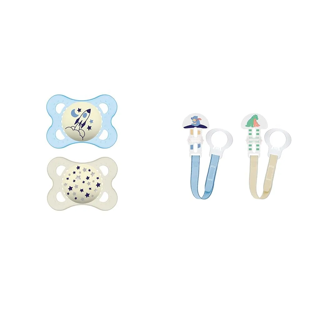 MAM Night Pacifiers 0-6 Months, Best for Breastfed Babies, Glow in The Dark, Baby Boy, 2 Count & 2 Clips for Pacifiers with Fasteners and Flexible Rings for Boys, Designs May Vary