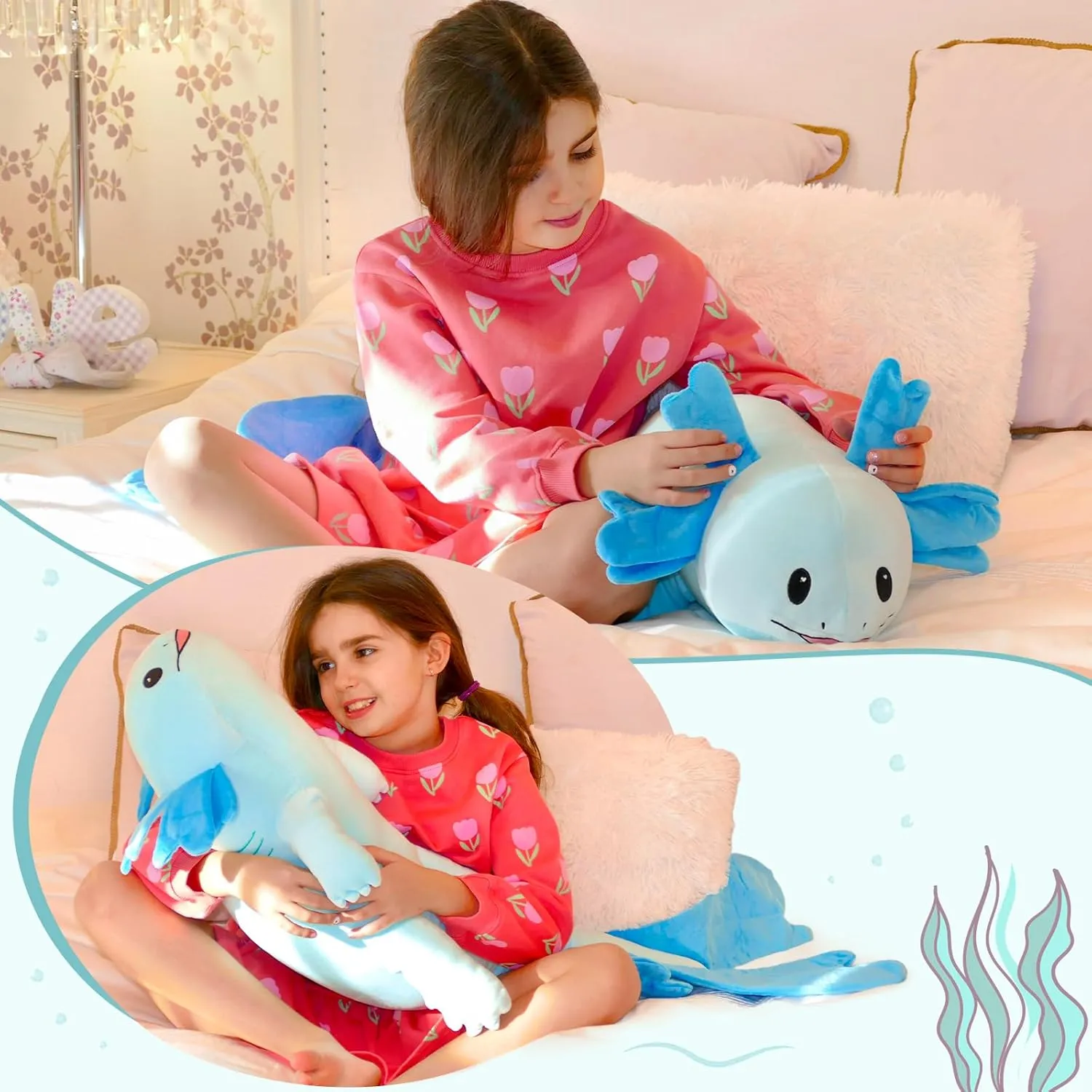 MaoGoLan Large Axolotl Plush Body Pillow, XL Axolotl Stuffed Animal for Kids, 44" Long Salamander Plush Pillow,Christmas Birthday Gifts Blue