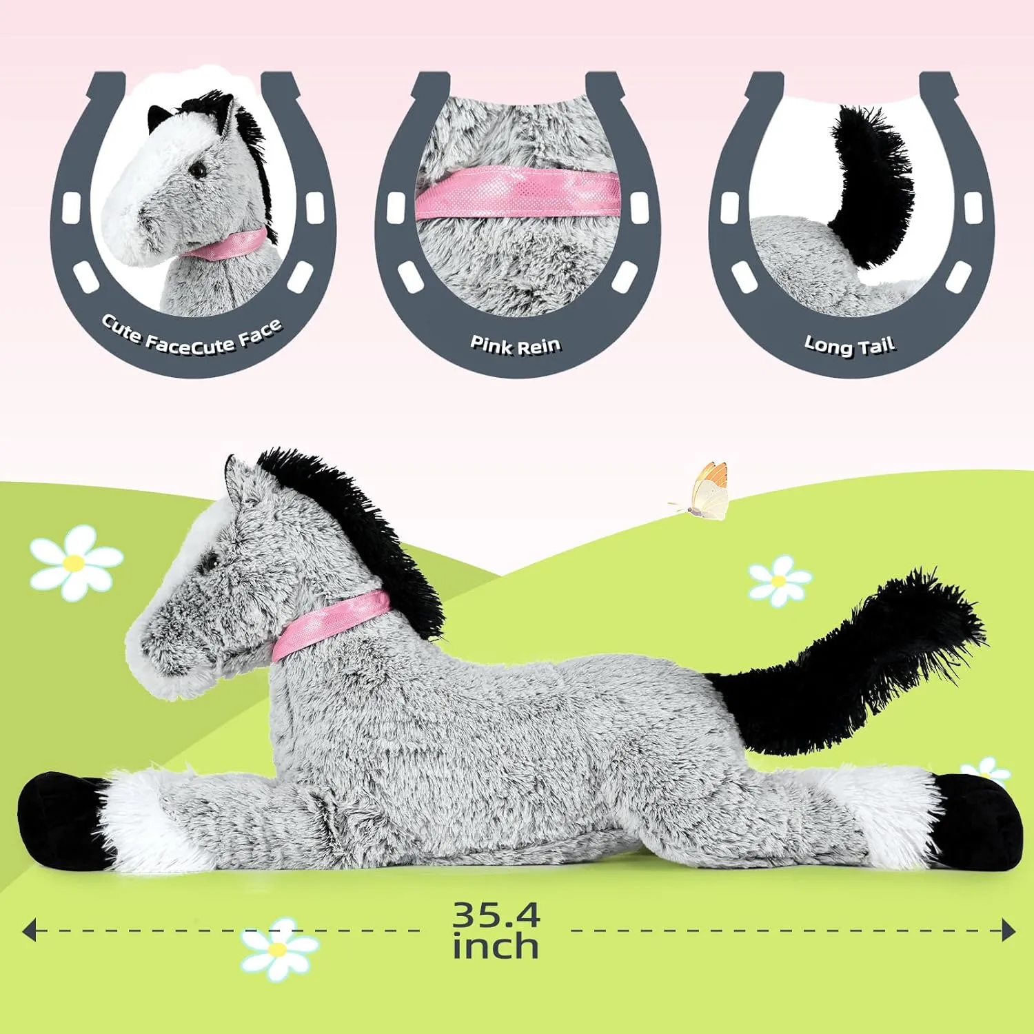 MaoGoLan Large Horse Stuffed Animal for Boy, Big Horse Plush Toy for Girl, Ridable Stuffy Pony for Kid, Stuffed Pony Plush Pillow for Baby Shower, Birthday Gifts or Party Favor, 33 inches, Gray