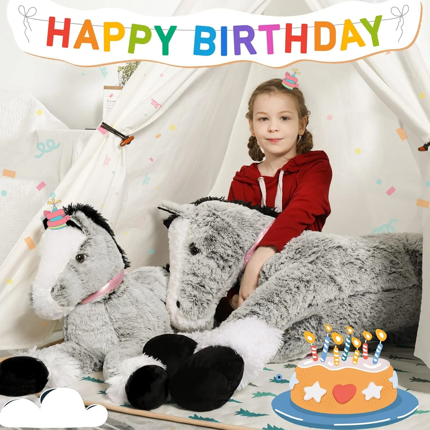 MaoGoLan Large Horse Stuffed Animal for Boy, Big Horse Plush Toy for Girl, Ridable Stuffy Pony for Kid, Stuffed Pony Plush Pillow for Baby Shower, Birthday Gifts or Party Favor, 33 inches, Gray