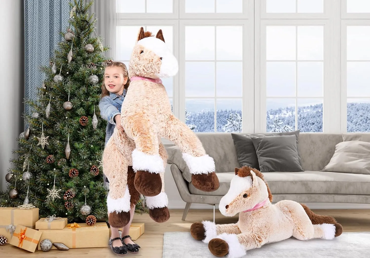 MaoGoLan Large Horse Stuffed Animal for Boy, Big Horse Plush Toy for Girl, Ridable Stuffy Pony for Kid, Stuffed Pony Plush Pillow for Baby Shower, Birthday Gifts or Party Favor, 33 inches, Gray