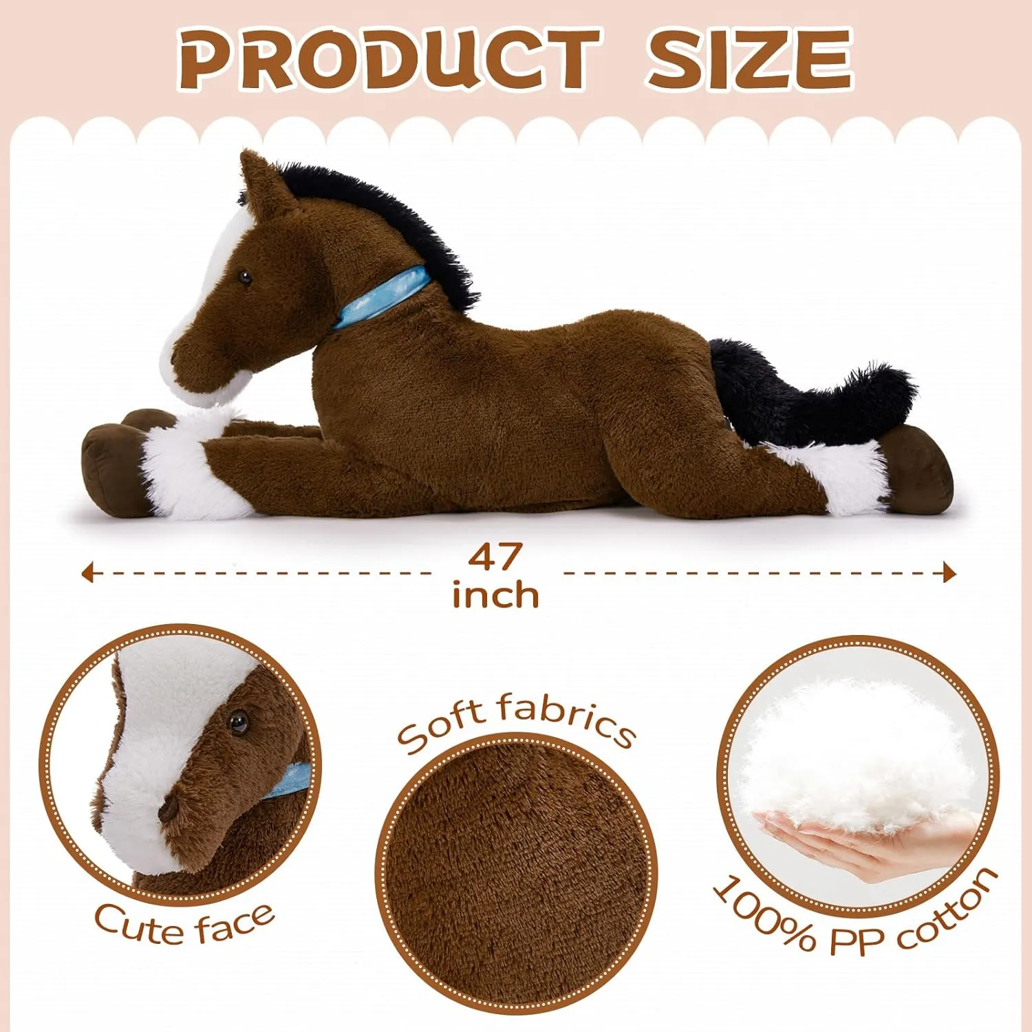 MaoGoLan Large Horse Stuffed Animal for Boy, Big Horse Plush Toy for Girl, Ridable Stuffy Pony for Kids, Coffee Stuffed Pony Plush Pillow for Baby Shower or Birthday Party Favor Gifts, 47 inches