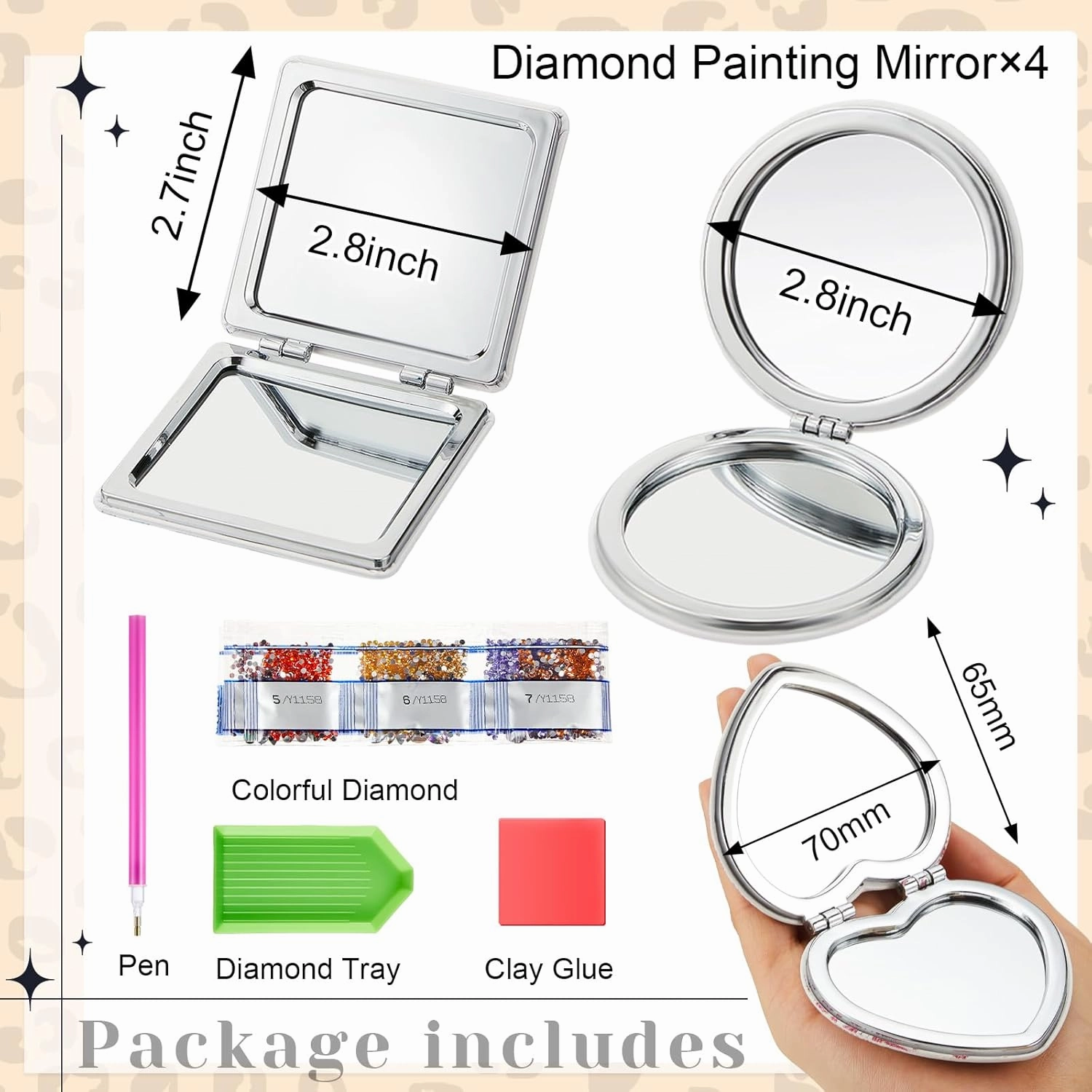 Marsui 4 Pcs Diamond Painting Compact Mirror DIY Painting Pocket Portable Folding Purse Mirror for Women Diamond Art Mom Gifts for Mother's Day Nurse Week Party Favors(Animal Skin)