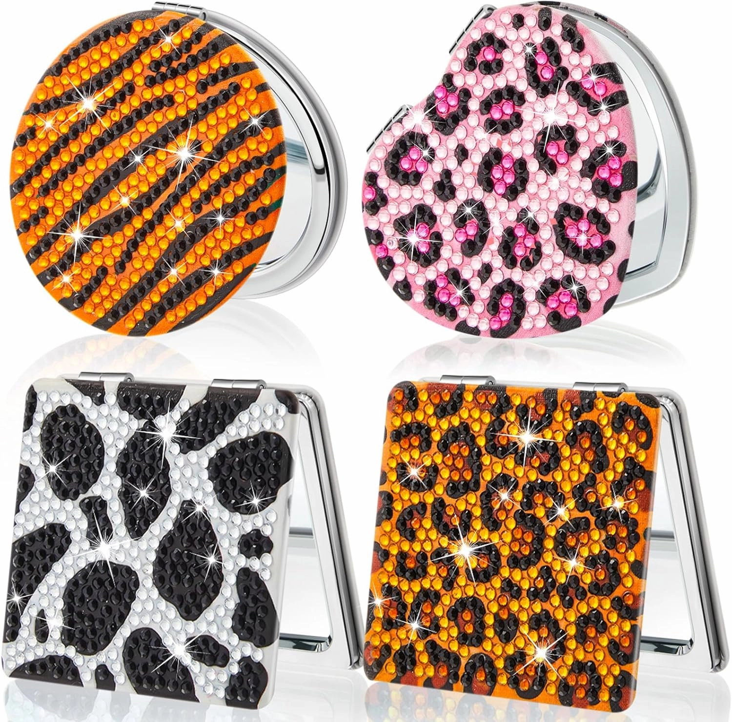 Marsui 4 Pcs Diamond Painting Compact Mirror DIY Painting Pocket Portable Folding Purse Mirror for Women Diamond Art Mom Gifts for Mother's Day Nurse Week Party Favors(Animal Skin)