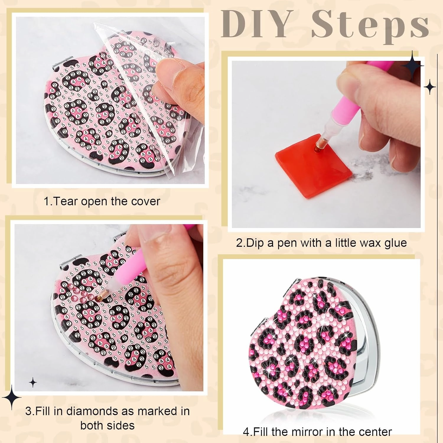 Marsui 4 Pcs Diamond Painting Compact Mirror DIY Painting Pocket Portable Folding Purse Mirror for Women Diamond Art Mom Gifts for Mother's Day Nurse Week Party Favors(Animal Skin)