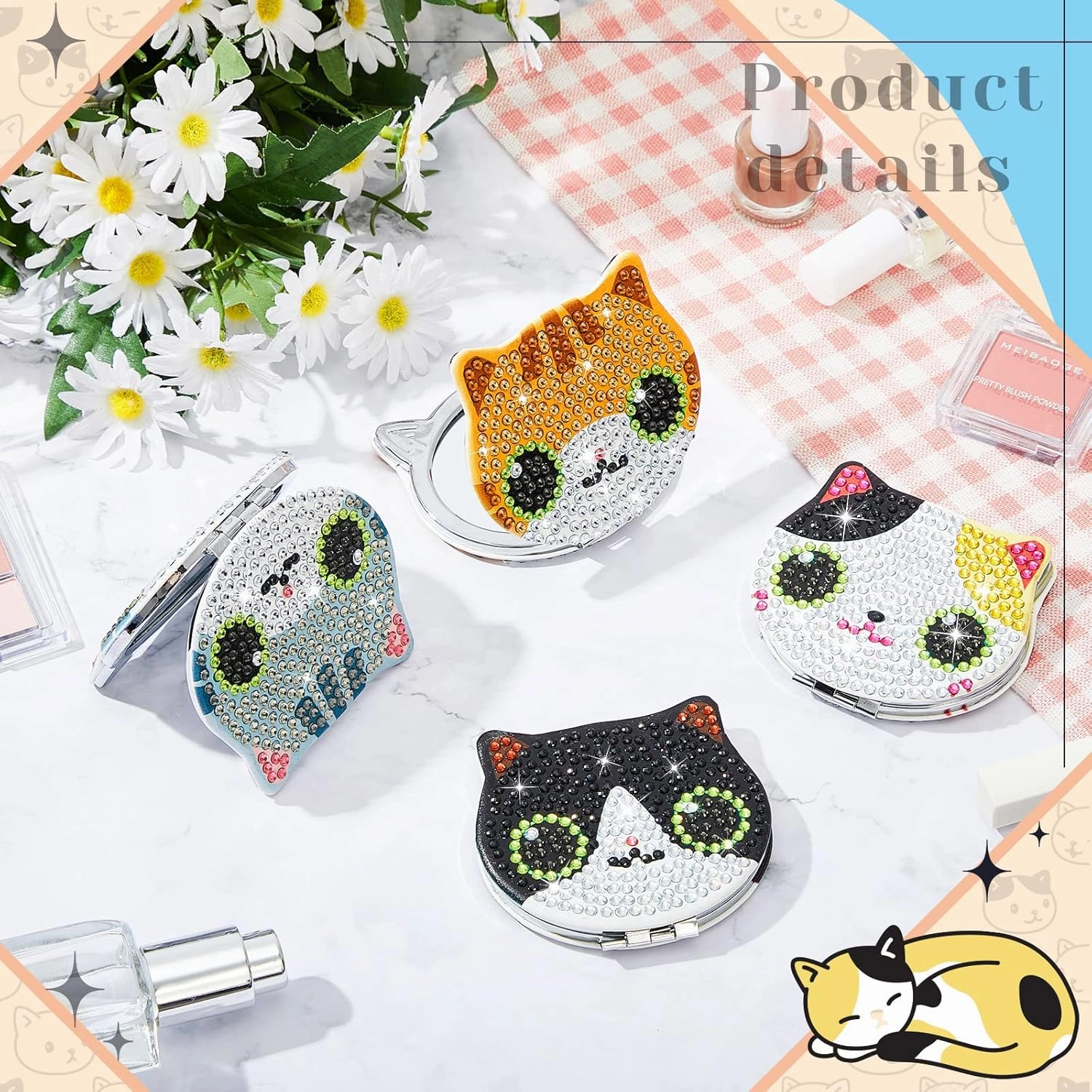 Marsui 4 Pcs Diamond Painting Compact Mirror DIY Painting Pocket Portable Folding Purse Mirror for Women Diamond Art Mom Gifts for Mother's Day Nurse Week Party Favors(Cat)