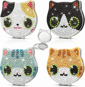 Marsui 4 Pcs Diamond Painting Compact Mirror DIY Painting Pocket Portable Folding Purse Mirror for Women Diamond Art Mom Gifts for Mother's Day Nurse Week Party Favors(Cat)