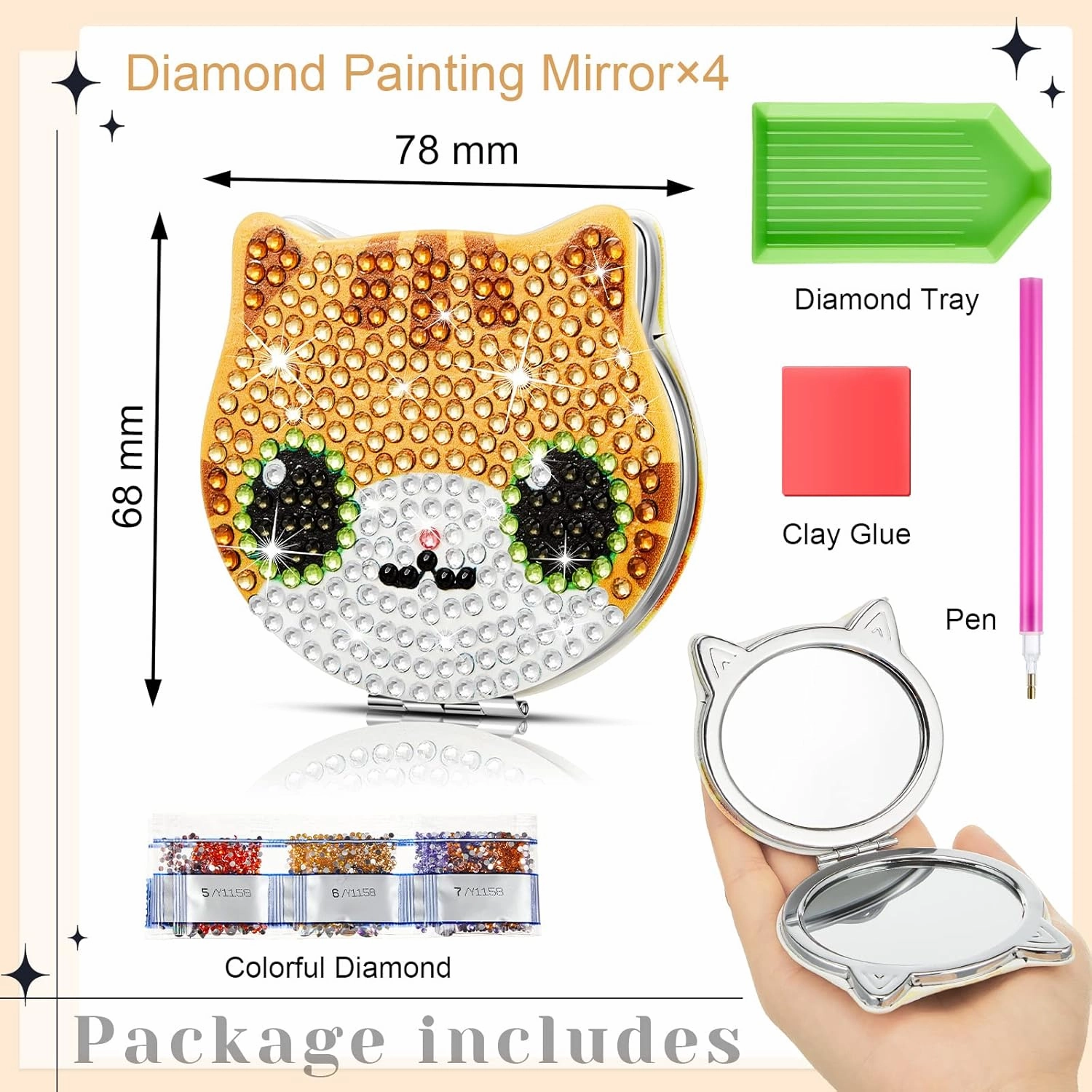 Marsui 4 Pcs Diamond Painting Compact Mirror DIY Painting Pocket Portable Folding Purse Mirror for Women Diamond Art Mom Gifts for Mother's Day Nurse Week Party Favors(Cat)