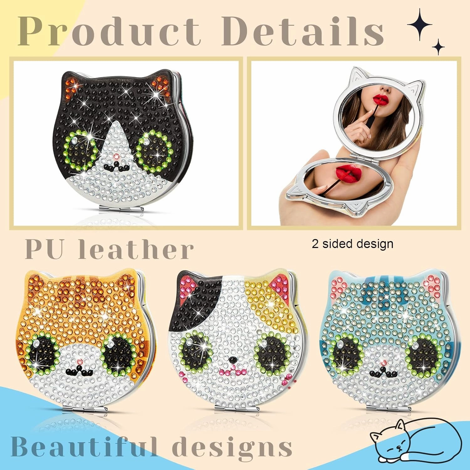 Marsui 4 Pcs Diamond Painting Compact Mirror DIY Painting Pocket Portable Folding Purse Mirror for Women Diamond Art Mom Gifts for Mother's Day Nurse Week Party Favors(Cat)