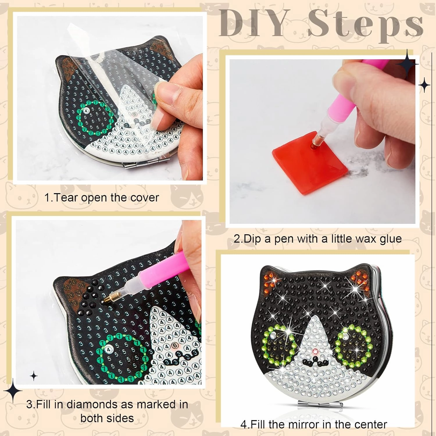 Marsui 4 Pcs Diamond Painting Compact Mirror DIY Painting Pocket Portable Folding Purse Mirror for Women Diamond Art Mom Gifts for Mother's Day Nurse Week Party Favors(Cat)