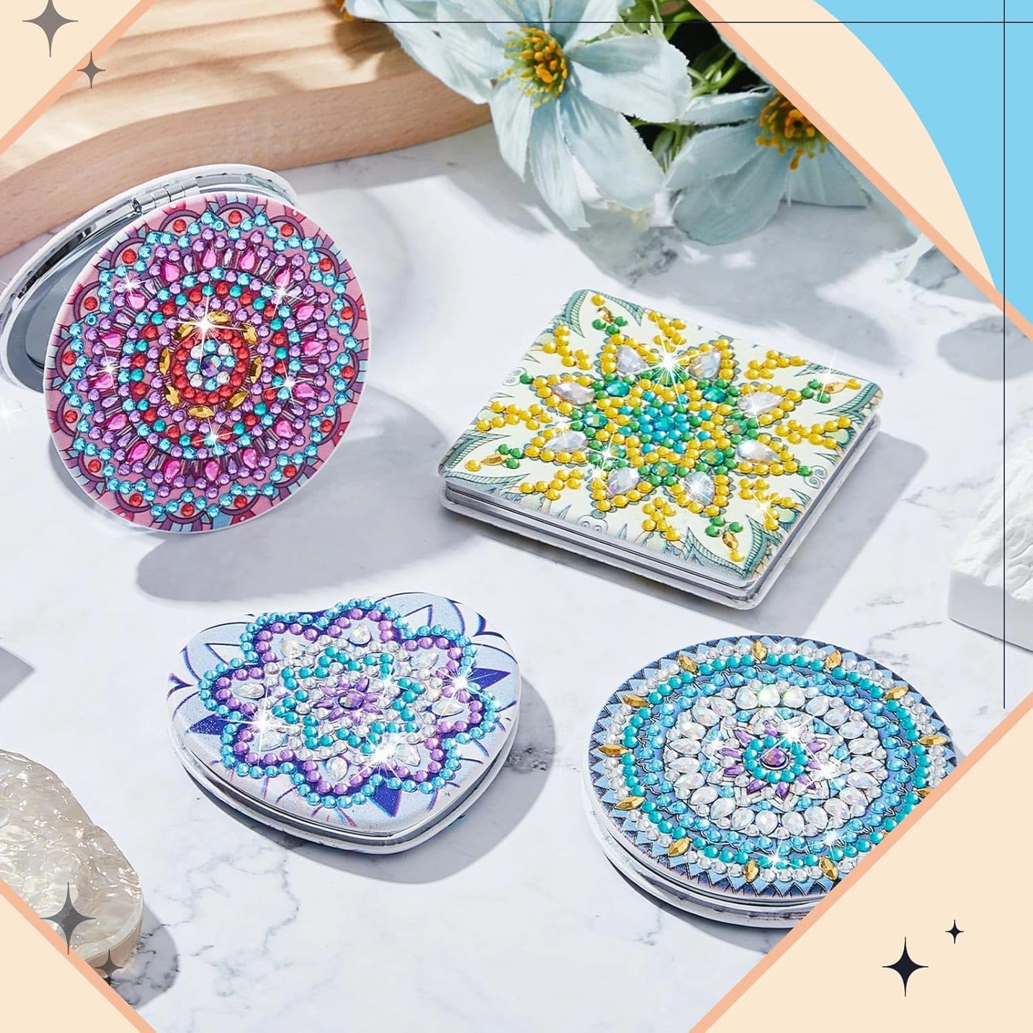 Marsui 4 Pcs Diamond Painting Compact Mirror DIY Painting Pocket Portable Folding Purse Mirror for Women Diamond Art Mom Gifts for Mother's Day Nurse Week Party Favors(Lovely)
