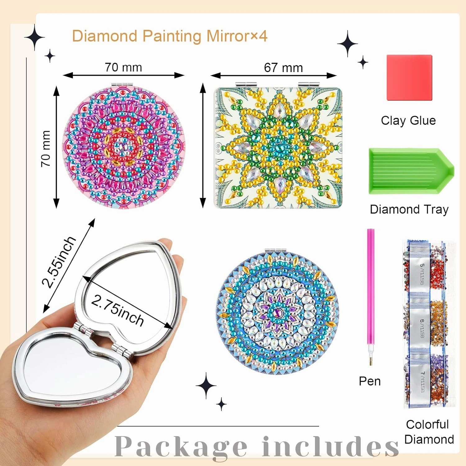 Marsui 4 Pcs Diamond Painting Compact Mirror DIY Painting Pocket Portable Folding Purse Mirror for Women Diamond Art Mom Gifts for Mother's Day Nurse Week Party Favors(Lovely)