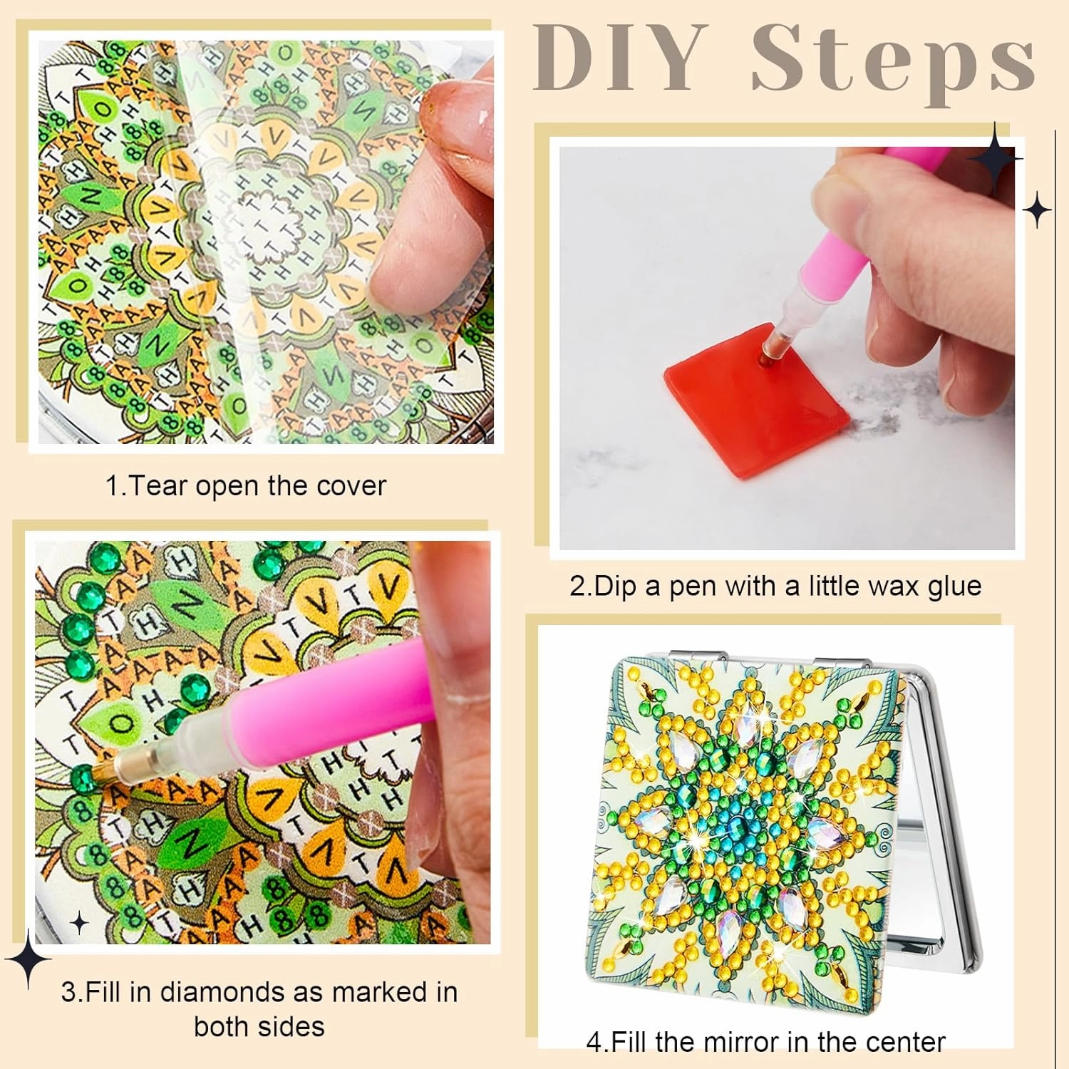 Marsui 4 Pcs Diamond Painting Compact Mirror DIY Painting Pocket Portable Folding Purse Mirror for Women Diamond Art Mom Gifts for Mother's Day Nurse Week Party Favors(Lovely)