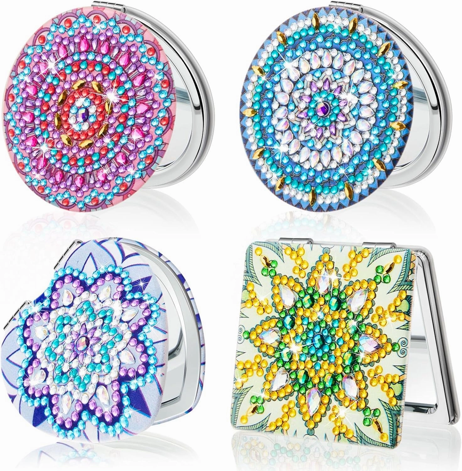 Marsui 4 Pcs Diamond Painting Compact Mirror DIY Painting Pocket Portable Folding Purse Mirror for Women Diamond Art Mom Gifts for Mother's Day Nurse Week Party Favors(Lovely)