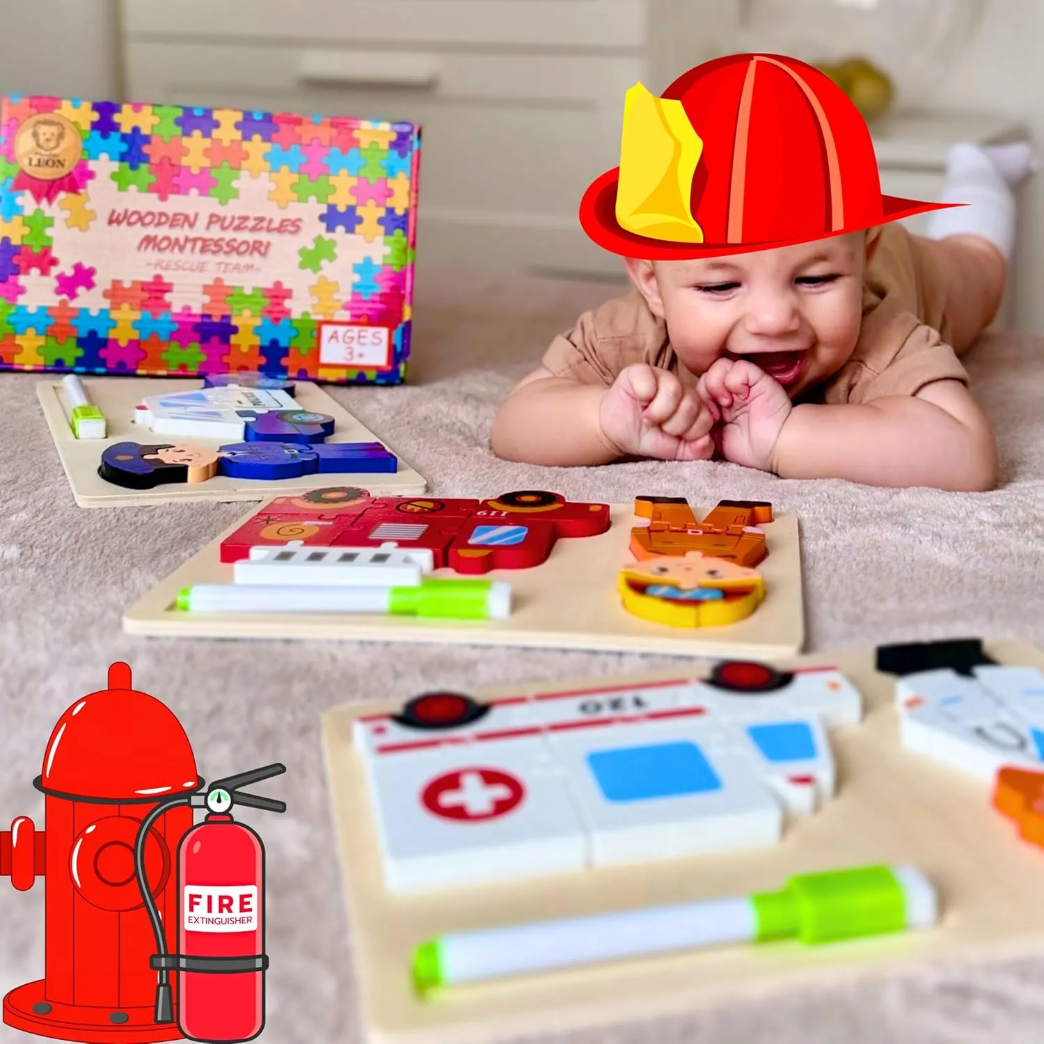 MASTER LEON – Wooden Toddler Puzzles for Ages 3-5 | Montessori Educational Toys | Animal, Ocean & Vehicle Themes | 3-Pack Fine Motor Skills Games