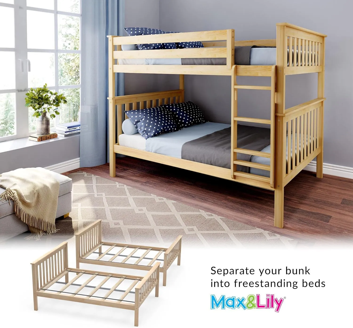 Max & Lily Full Over Full Bunk Bed with Ladder, Solid Wood Platform Bed Frame for Kids, 14" Safety Guardrails, Easy Assembly, No Box Spring Needed, Natural