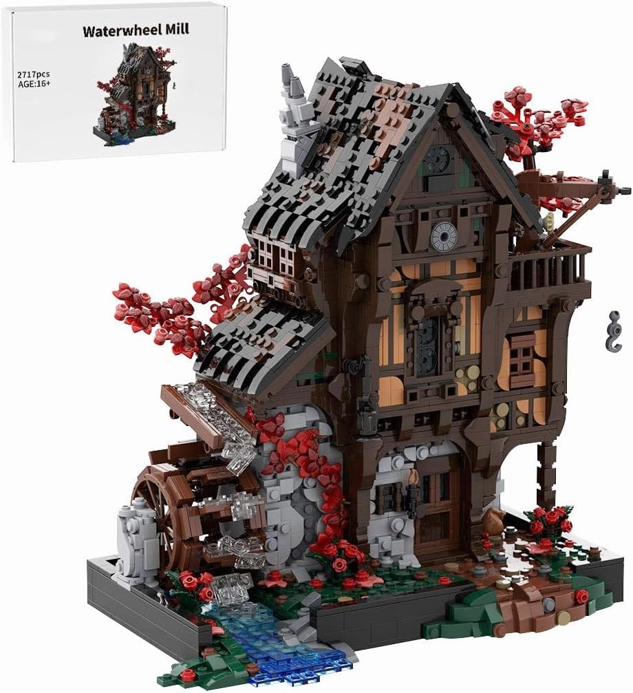 Medieval MOC Building Blocks Set, MOC-214249 DIY Modular Village Street Scene Architecture Waterwheel Mill Building Blocks Kit, Collect and Decorate Model, 2717PCS for Adults