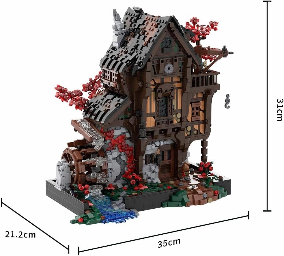 Medieval MOC Building Blocks Set, MOC-214249 DIY Modular Village Street Scene Architecture Waterwheel Mill Building Blocks Kit, Collect and Decorate Model, 2717PCS for Adults