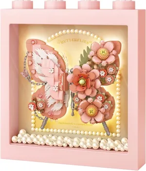 MEIEST Butterfly Picture Frame Building Blocks Set,Creative Flowers Building Set with Exquisite Frame,Fantasy Building Bricks Toys,Home Decor (Pink)