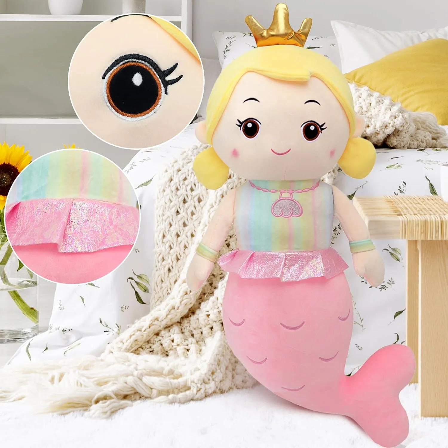 Mermaid Stuffed Animal Plush Pillow Toy 31.5in Mermaid Doll Stuffy Plushie Life Size Giant Mermaid Body Pillows Doll for Girls Kids