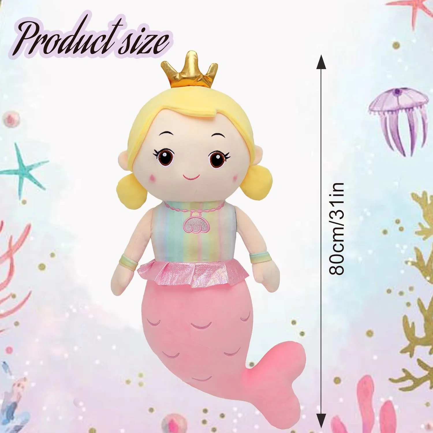 Mermaid Stuffed Animal Plush Pillow Toy 31.5in Mermaid Doll Stuffy Plushie Life Size Giant Mermaid Body Pillows Doll for Girls Kids
