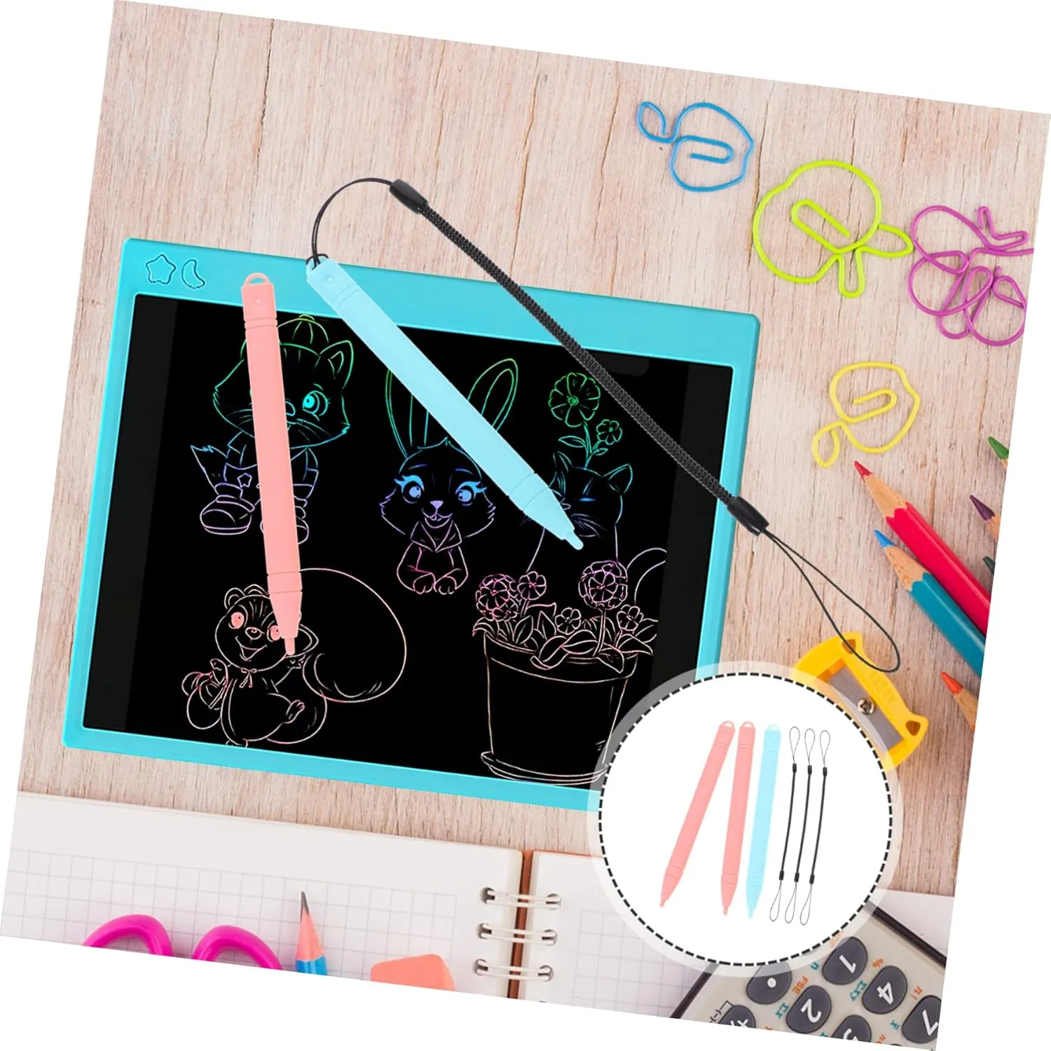 Mikikit Markers 2 Sets Drawing Writing Pen Painting LCD Replacement Board LED Tablet Rope of Lanyard Toys Pads Stylus Color for Pens with Toys