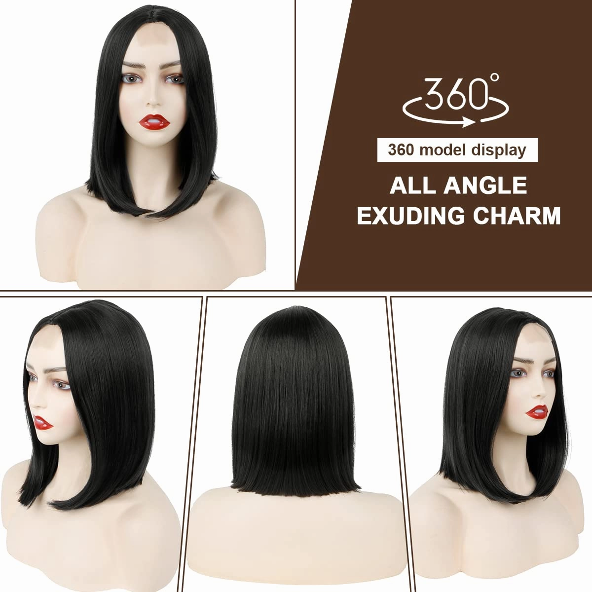 MIMAN 14 Inch Short Black Bob Wigs for Women Shoulder Length Middle Part Small Lace Front Wig Medium Length Black Straight Wig Halloween Costume Wigs for Women