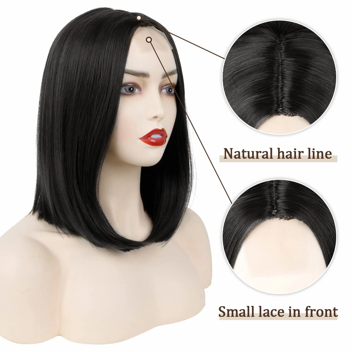 MIMAN 14 Inch Short Black Bob Wigs for Women Shoulder Length Middle Part Small Lace Front Wig Medium Length Black Straight Wig Halloween Costume Wigs for Women