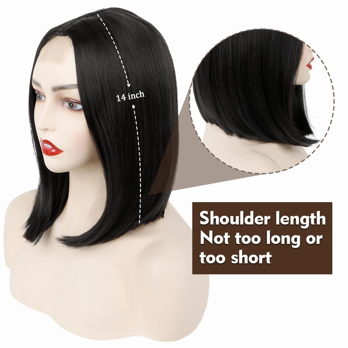 MIMAN 14 Inch Short Black Bob Wigs for Women Shoulder Length Middle Part Small Lace Front Wig Medium Length Black Straight Wig Halloween Costume Wigs for Women