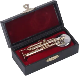 Miniature Trumpet Miniature Dollhouse Model Brass Exquisite Design Romantic Vibes Mini Trumpet Model with Stand Case for Desk Bookshelf (3.54in)