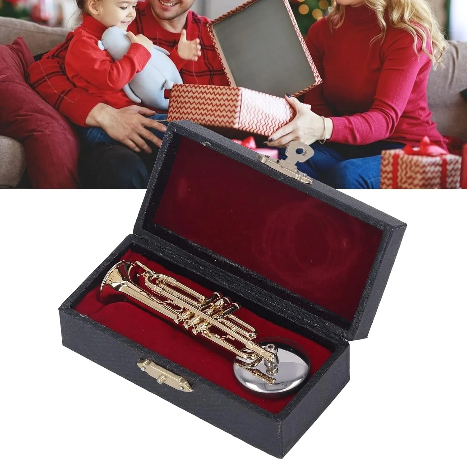 Miniature Trumpet Miniature Dollhouse Model Brass Exquisite Design Romantic Vibes Mini Trumpet Model with Stand Case for Desk Bookshelf (3.54in)