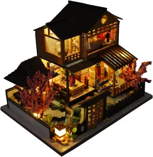 Miniature Wooden Dollhouse Japanese/Seaside/Car House Market DIY Doll House Kit Villa Building 3D Model Creative Gifts for Friend and Parents (Japanese Style Villa)