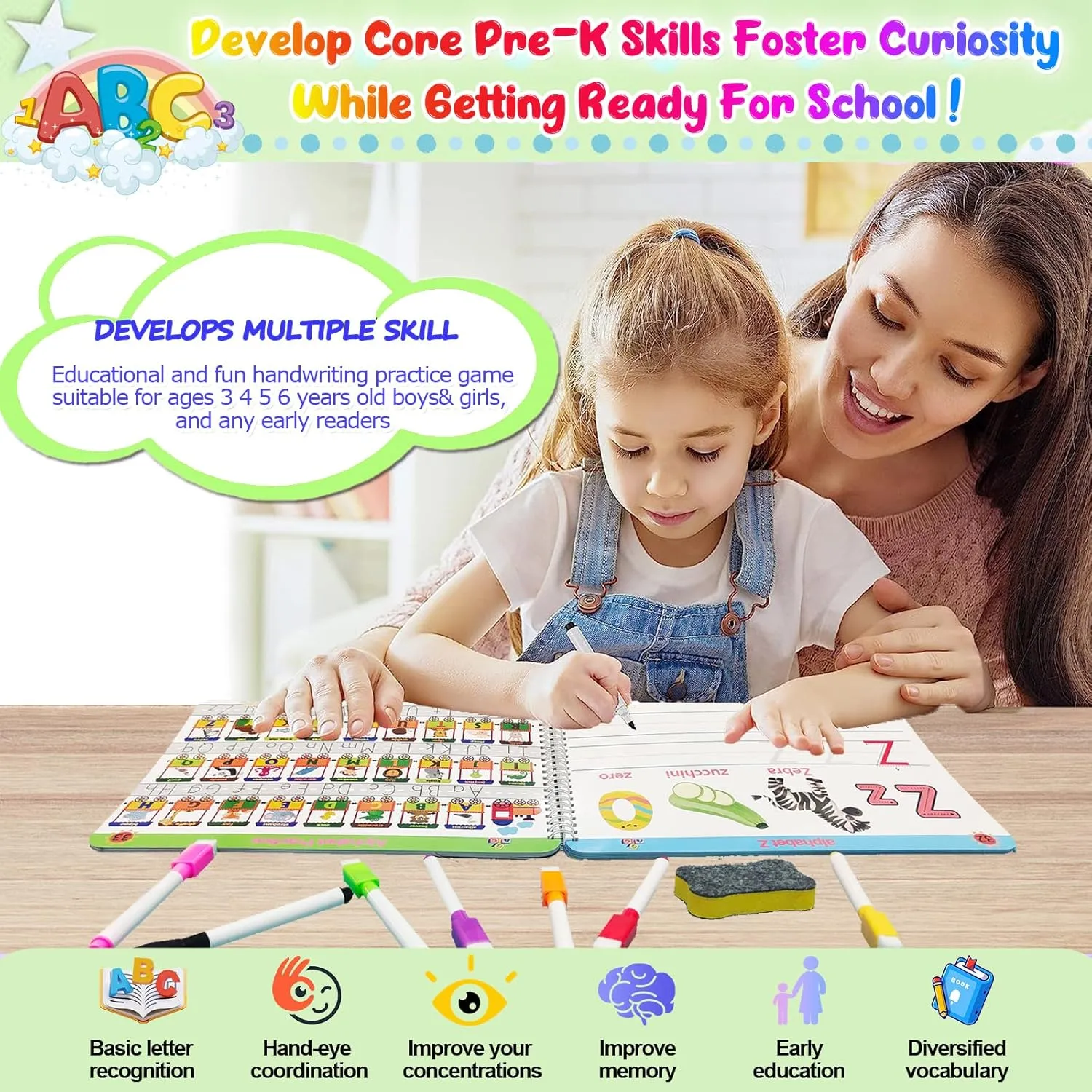 Montessori Preschool Learning Tracing Workbook - Toddler Alphabet and Numbers Handwriting Practice Busy Activity Book Dry Erase, Autism Materials Prek Educational Toy for Kids Age 3 4 5