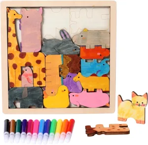 Montessori Wooden Animal Puzzle for Toddlers 3  Paint Your Own Animal Blocks with 12 Colored Pens STEM Learning Toys Educational Matching Game for Kids Gift for Boys & Girls Jungle Farm & Zoo Animals