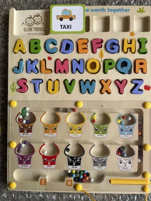 Montessori Wooden Spelling Maze Toy – ABC Alphabet Puzzle, Color Sorting Beads, Flashcards & Artboard for Toddlers 3  | Preschool Learning Board for Kids