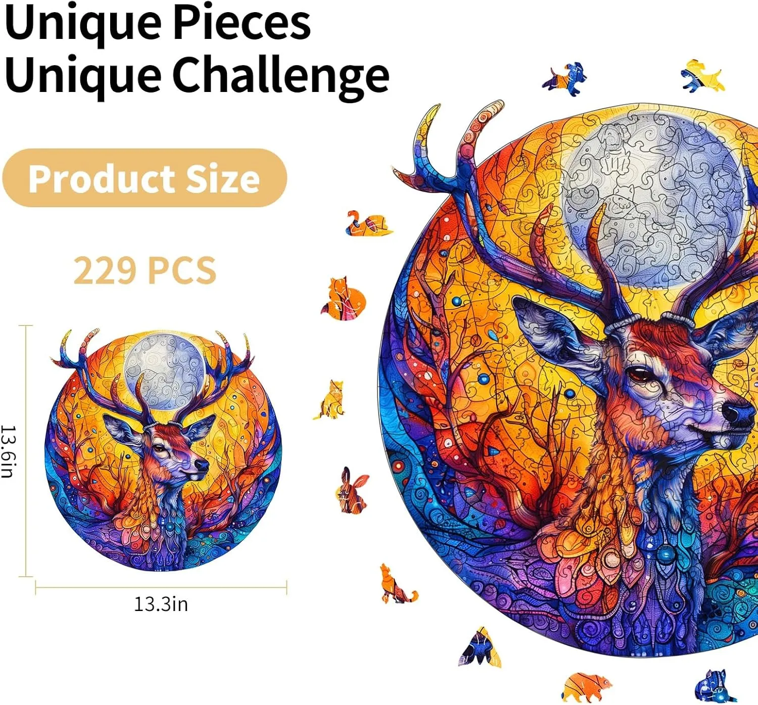 Moonlit Deer Wooden Puzzles for Adults – 229 Pcs, 13.3" x 13.6", Unique Shapes, Gift Packaging, Natural Materials, Puzzles up Wooden Jigsaw Puzzles for Adults, Gift Ideas, Family Games